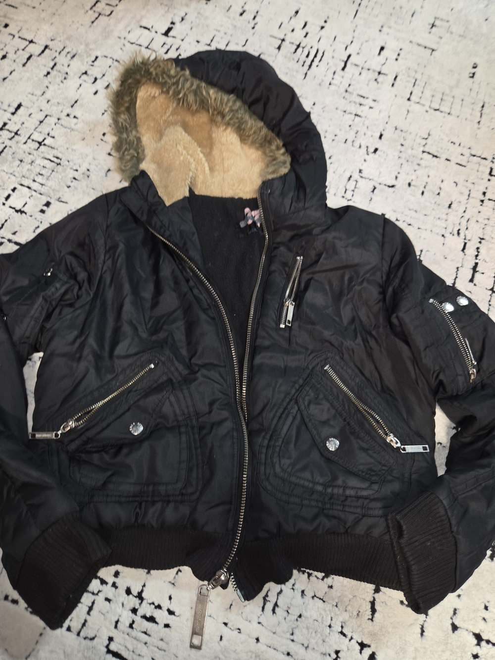 VTG Seventy Seven Y2K Black Cropped Bomber Jacket Faux Fur Hood Utility Cyber
